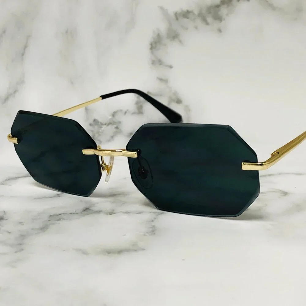 Men Sunglasses Dark Black Lens‎ Rimless Fashion Retro Shades Gold Metal Lentes